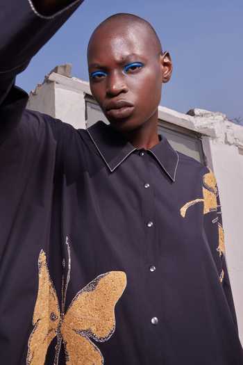 Shahin Mannan_Black Poplin Collared Neck Fading Butterfly Oversized Shirt Dress _Online_at_Aza_Fashions