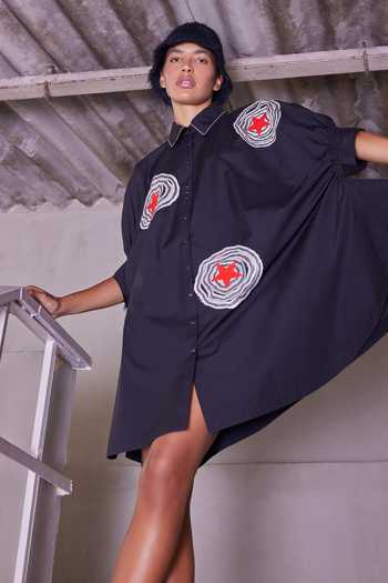 Shahin Mannan_Black Poplin Collared Neck Radiant Star Gathered Sleeve Shirt Dress _Online_at_Aza_Fashions