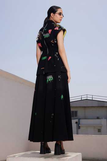 Shop_Shahin Mannan_Black Crepe Collared Neck Funky Panther Robe Jacket _at_Aza_Fashions