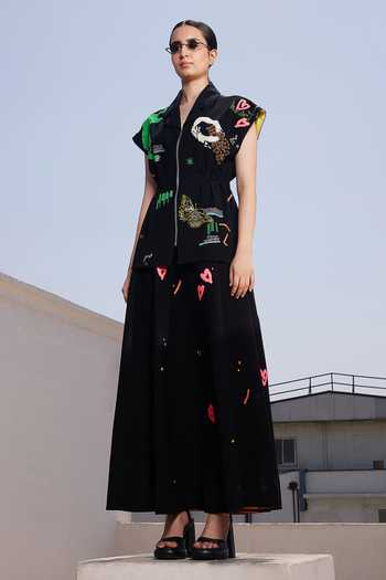 Buy_Shahin Mannan_Black Crepe Circular Skirt _at_Aza_Fashions