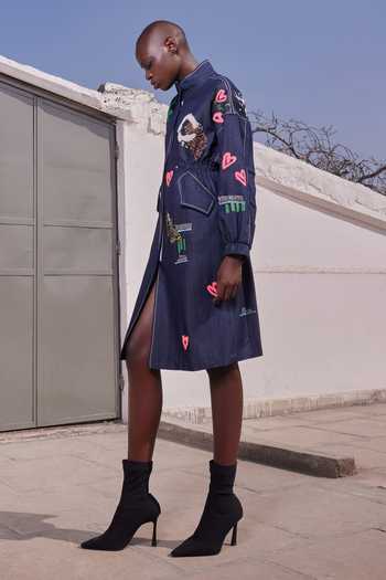 Shahin Mannan_Blue Denim Mandarin Collar Funky Panther Parka Dress _Online_at_Aza_Fashions