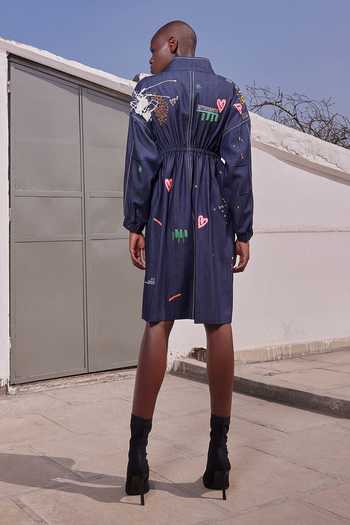 Shop_Shahin Mannan_Blue Denim Mandarin Collar Funky Panther Parka Dress _at_Aza_Fashions