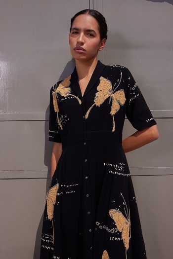 Shahin Mannan_Black Shawl Neck Fading Butterflies Collar Dress _Online_at_Aza_Fashions