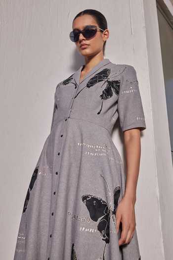 Shahin Mannan_Grey Shawl Neck Fading Butterflies Collar Dress _Online_at_Aza_Fashions
