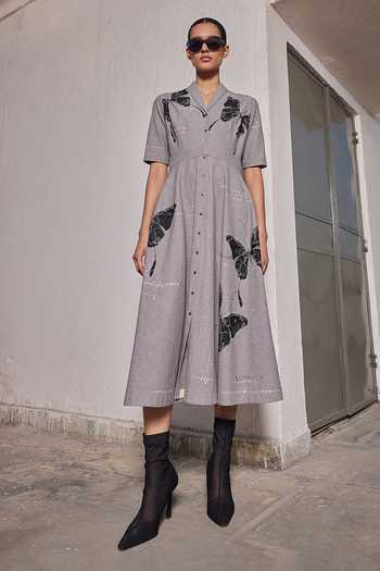 Buy_Shahin Mannan_Grey Shawl Neck Fading Butterflies Collar Dress _at_Aza_Fashions