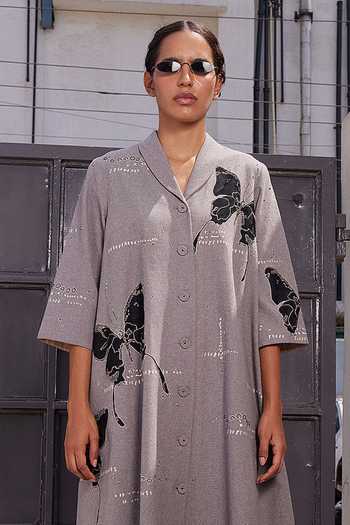 Buy_Shahin Mannan_Grey Shawl Neck Fading Butterflies Flared Dress _Online_at_Aza_Fashions