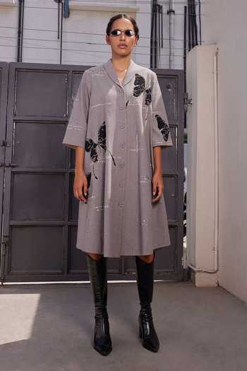 Buy_Shahin Mannan_Grey Shawl Neck Fading Butterflies Flared Dress _at_Aza_Fashions