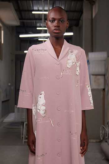 Shahin Mannan_Peach Crepe Shawl Neck Fading Butterflies Flared Dress _Online_at_Aza_Fashions