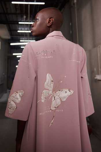 Buy_Shahin Mannan_Peach Crepe Shawl Neck Fading Butterflies Flared Dress _Online_at_Aza_Fashions