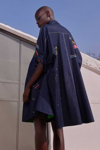 Shop_Shahin Mannan_Blue Denim Collared Neck Funky Panther Gathered Sleeve Shirt Dress _at_Aza_Fashions