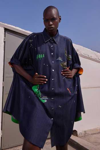 Shop_Shahin Mannan_Blue Denim Collared Neck Funky Panther Gathered Sleeve Shirt Dress _Online_at_Aza_Fashions