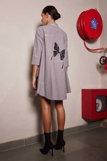 Shop_Shahin Mannan_Grey Collared Neck Fading Butterflies Side Triangle Dress _at_Aza_Fashions
