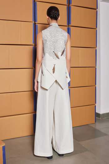 Shop_Shahin Mannan_Ivory Silk Shawl Neck Fish In The Net Jacket _at_Aza_Fashions