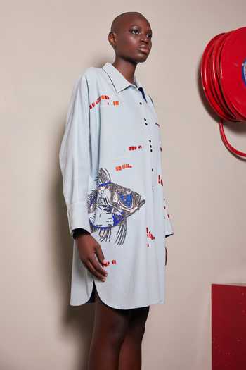 Shahin Mannan_Blue Denim Collared Neck Big Fish Oversized Shirt Dress _Online_at_Aza_Fashions