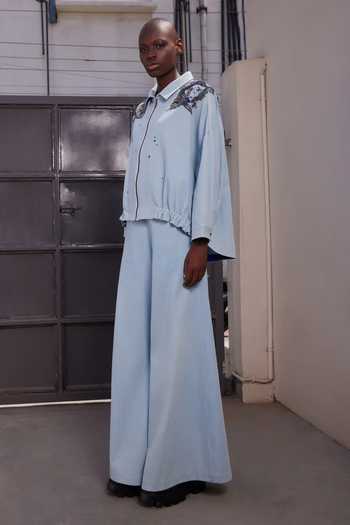 Shop_Shahin Mannan_Blue Denim Collared Neck Big Fish Oversized Shacket With Pant _Online_at_Aza_Fashions
