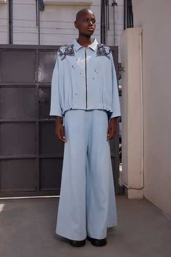 Shahin Mannan_Blue Denim Collared Neck Big Fish Oversized Shacket _Online_at_Aza_Fashions