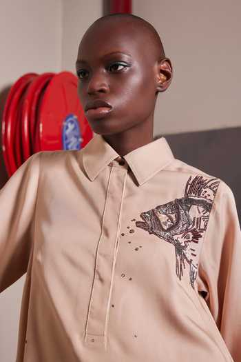 Shahin Mannan_Beige Tencel Collared Neck Big Fish Button Down Tunic Dress _Online_at_Aza_Fashions