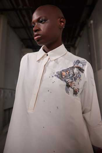 Buy_Shahin Mannan_Ivory Silk, Cotton Button-down Neck Big Fish Down Tunic Dress _Online_at_Aza_Fashions