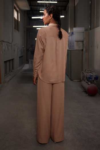 Shop_Shahin Mannan_Beige Tencel Flared Pant _at_Aza_Fashions