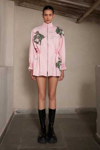 Shahin Mannan_Pink Denim Mandarin Collar Big Fish Jacket Dress _Online_at_Aza_Fashions