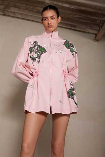 Buy_Shahin Mannan_Pink Denim Mandarin Collar Big Fish Jacket Dress _Online_at_Aza_Fashions