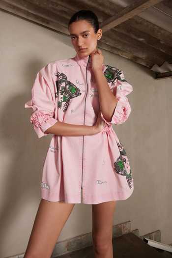 Buy_Shahin Mannan_Pink Denim Mandarin Collar Big Fish Jacket Dress _at_Aza_Fashions
