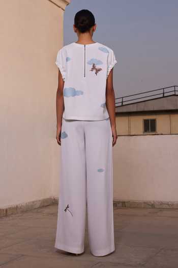 Shop_Shahin Mannan_Ivory Crepe Round Neck Cactus Elasticated Top _at_Aza_Fashions