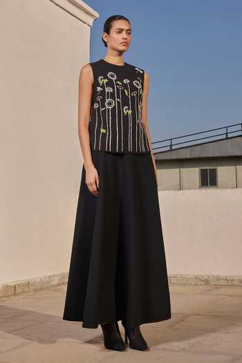Shahin Mannan_Black Crepe Embroidery Round Neck Gentle Garden Overlay With Circular Skirt _at_Aza_Fashions
