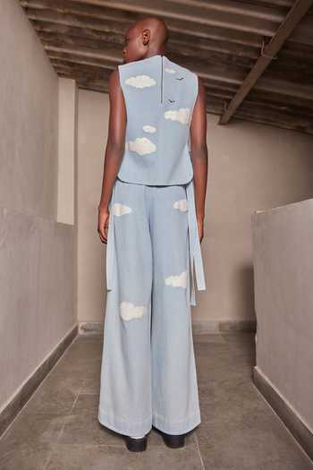 Shop_Shahin Mannan_Blue Denim Embroidery Round Neck Cactus Overlay Top _at_Aza_Fashions