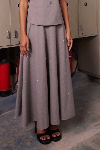 Shahin Mannan_Grey Embroidery, Sequins Round Neck Insect Overlay With Circular Skirt _Online_at_Aza_Fashions