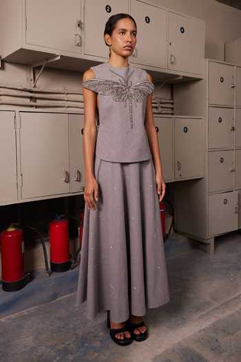 Buy_Shahin Mannan_Grey Embroidery, Sequins Round Neck Insect Overlay With Circular Skirt _at_Aza_Fashions