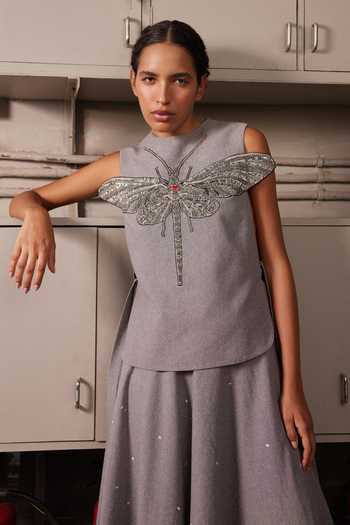 Buy_Shahin Mannan_Grey Embroidery, Sequins Round Neck Insect Overlay With Circular Skirt _Online_at_Aza_Fashions