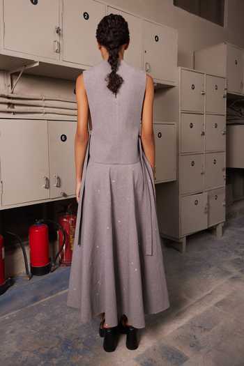 Shop_Shahin Mannan_Grey Embroidery, Sequins Round Neck Insect Overlay With Circular Skirt _at_Aza_Fashions