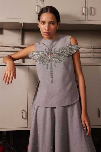 Buy_Shahin Mannan_Grey Embroidery, Sequins, Stones High Neck Insect Overlay Style Top _at_Aza_Fashions