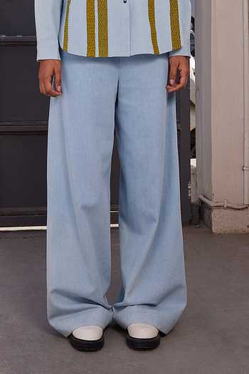 Shahin Mannan_Blue Denim Thin Washed Flared Pant _Online_at_Aza_Fashions