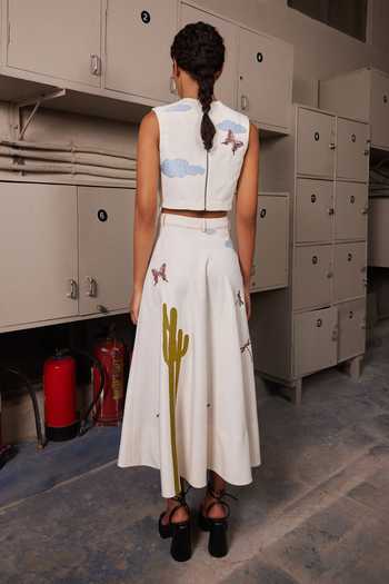 Shop_Shahin Mannan_Ivory Satin, Twill Embroidered Skirt _at_Aza_Fashions