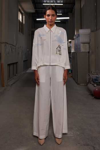 Buy_Shahin Mannan_Ivory Silk, Cotton Collared Neck Outhouse Shacket With Pant _at_Aza_Fashions