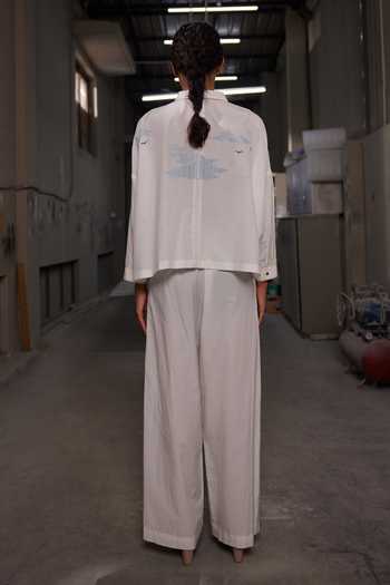 Shop_Shahin Mannan_Ivory Silk, Cotton Collared Neck Outhouse Zipper Shacket _at_Aza_Fashions