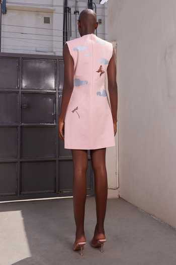 Shop_Shahin Mannan_Pink Denim, Twill High Neck Cactus Sleeveless Mini Dress _at_Aza_Fashions