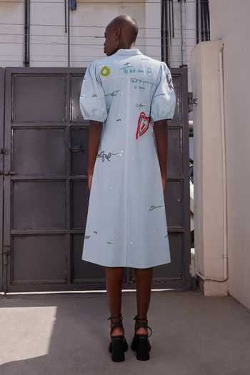 Shop_Shahin Mannan_Blue Denim V-, Collared Art And Words Waist Pleated Dress _at_Aza_Fashions