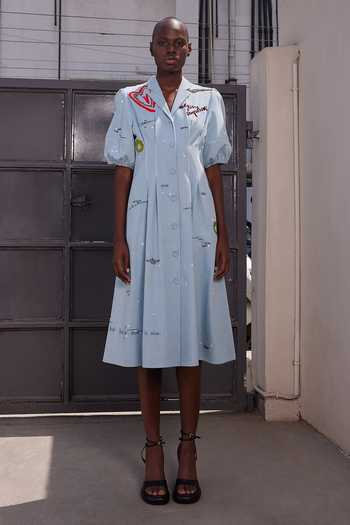 Buy_Shahin Mannan_Blue Denim V-, Collared Art And Words Waist Pleated Dress _at_Aza_Fashions