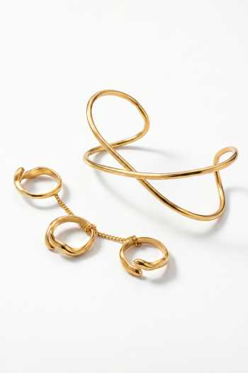 Shop_Mnsh_Gold Plated Aura Palm Cuff And Ring Set _at_Aza_Fashions