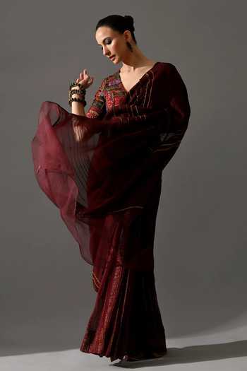 Buy_Medha_Brown Chiffon, Silk Organza, Brocade Metallic Thread, Cola Saree With Blouse 