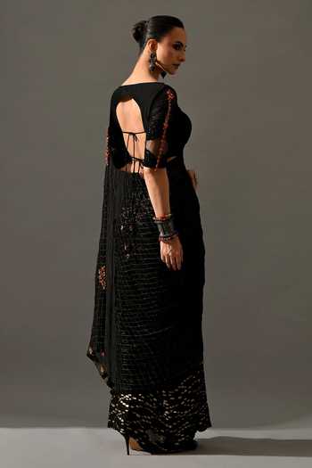 Shop_Medha_Black Georgette Embroidery Round Neck Textured Cocktail Saree With Blouse _at_Aza_Fashions