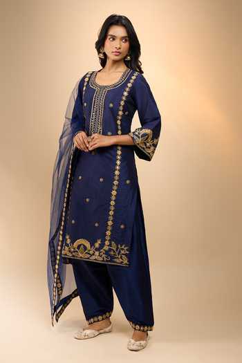 Buy_Samyukta Singhania_Blue Silk Round Neck Embroidered Raw Kurta Set _Online_at_Aza_Fashions