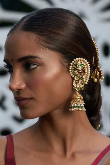 Buy_Preeti Mohan_Green Radhiya Kundan Ear Cuff Jhumkas _at_Aza_Fashions