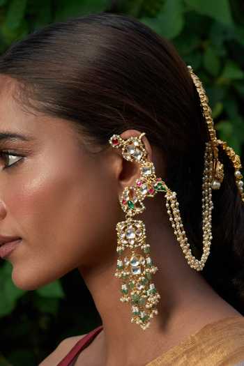 Shop_Preeti Mohan_Green Kashi Kundan Embellished Long Earcuff Earrings _at_Aza_Fashions