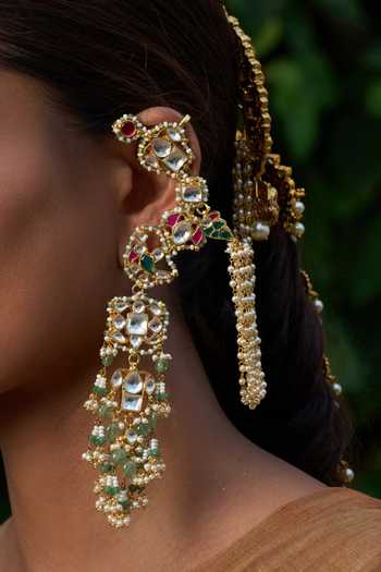 Preeti Mohan_Green Kashi Kundan Embellished Long Earcuff Earrings _Online_at_Aza_Fashions