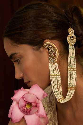 Shop_Preeti Mohan_Gold Plated Navya Kundan Earcuff With Ear Chains _at_Aza_Fashions