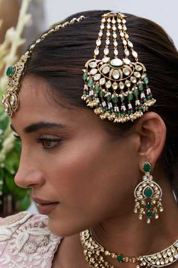 Shop_Preeti Mohan_Green Beads, Pearls, Stones Gitanjali Polki Passa _at_Aza_Fashions
